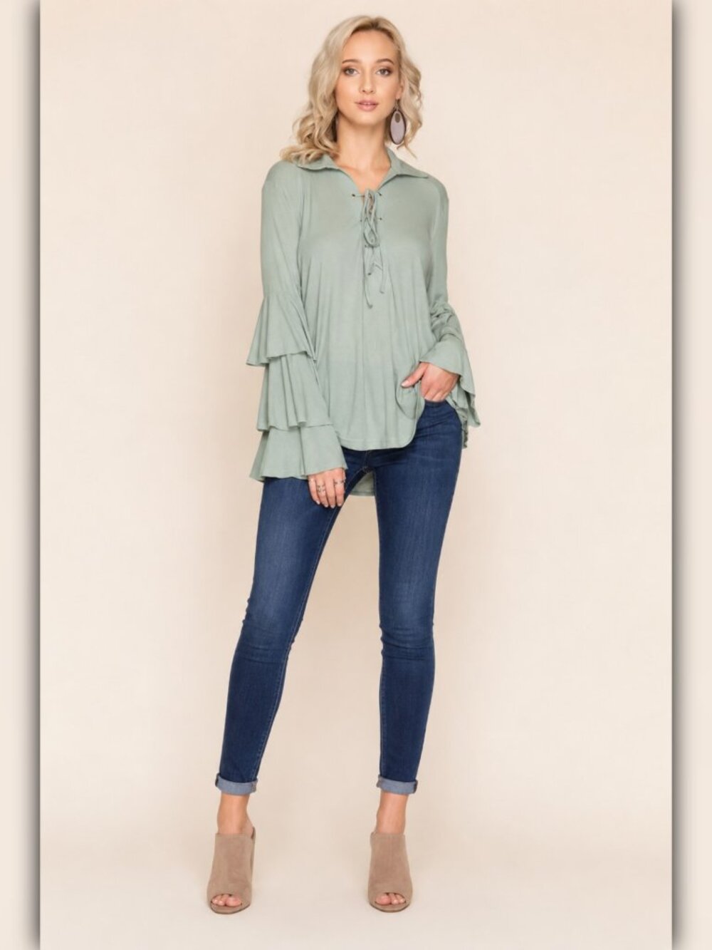 * A631 • Triple Ruffle Sleeve Lace-Up Front Knit Top